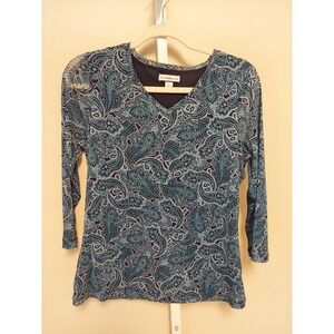 Croft & Barrow Paisley Mesh 3/4 Sheer Sleeve V-Neck Top S Office Bohemian Career